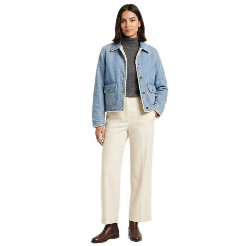 Woolrich Womens Luxe Denim Trucker Jacket Faux Shearling Lining Blue Wash Size S